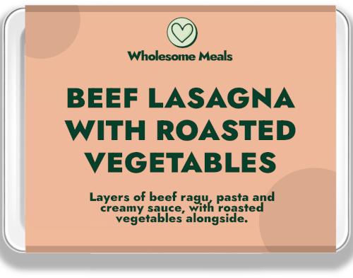 Beef lasagne ready meal with roasted vegetables
