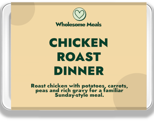 Roast chicken dinner ready meal with potatoes carrots peas and gravy