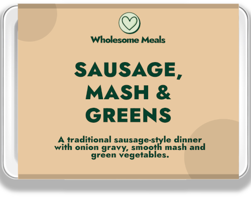 Sausage and onion gravy ready meal with mash and greens