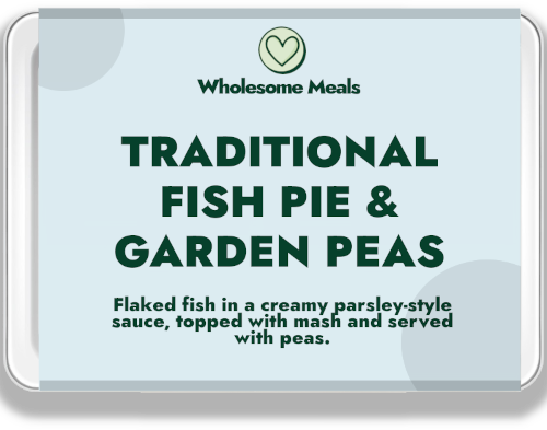 Traditional fish pie ready meal with peas